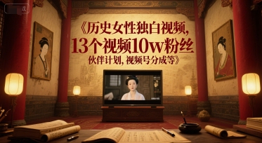 历史女性独白视频，13个视频10w粉丝，伙伴计划，视频号分成等-点格网络