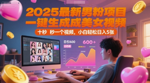 2025最新男粉项目，一键生成美女视频，日引600+色粉 十秒一个视频，小白轻松日入5张【揭秘】-点格网络