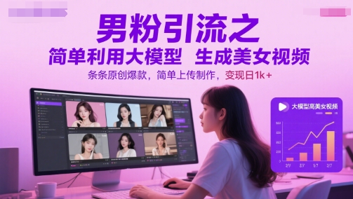 男粉引流之简单利用大模型生成美女视频，条条原创爆款，简单上传制作，变现日1k+-点格网络