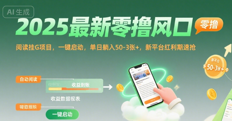 2025最新零撸风口，阅读挂G项目，一键启动，单日躺入 50-3张+，新平台红利期速抢【揭秘】-点格网络