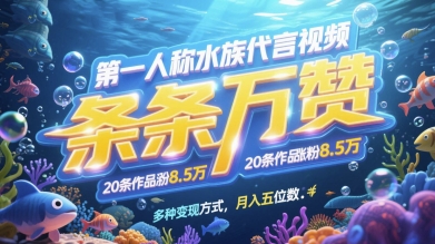 第一人称水族代言视频，条条万赞，20条作品涨粉7.8W，多种变现方式月入五位数-点格网络