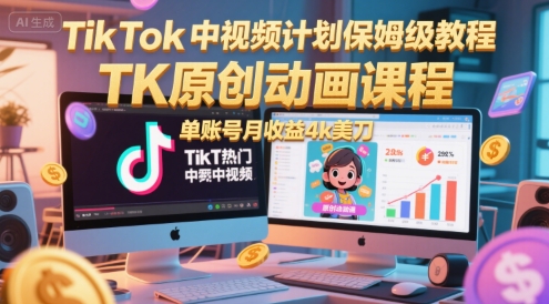 TikTok中视频计划保姆级教程，TK原创动画课程，单账号月收益4k美刀-点格网络