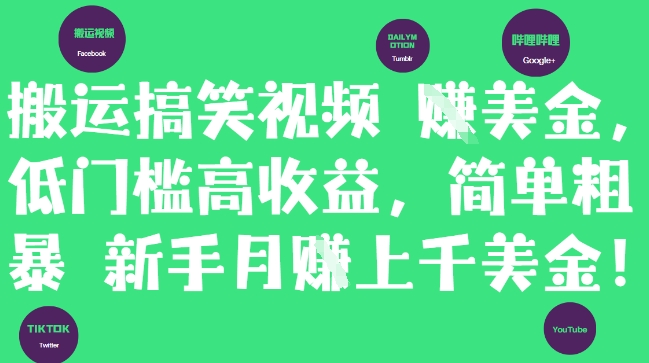 搬运搞笑视频挣美金，低门槛高收益，简单粗暴新手月入上千美刀-点格网络