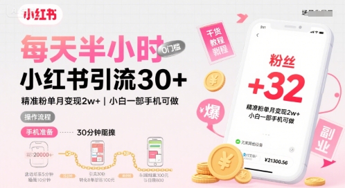 每天半小时小红书引流30+，精准粉单月变现2w+，小白新手一部手机可做，今天5分钟硬核实操-点格网络