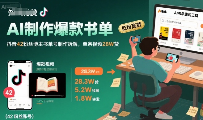 AI制作爆款书单，抖音42粉丝博主书单号制作拆解，单条视频28W赞-点格网络